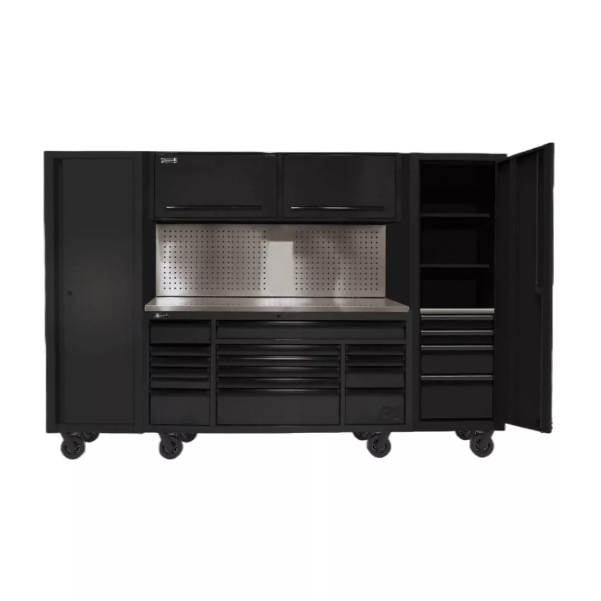 Homak Manufacturing 120"" RS PRO CTS Roller Cabinet & Side Lockers Combo with Toolboard Backsplash - Black