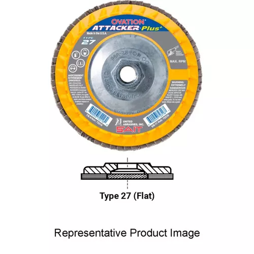 United Abrasives-SAIT 72315 4-1/2x5/8-11 Ovation Attacker Plus High Density Plastic Backed Flap Discs, Type 27, 40 Grit, 10 pack